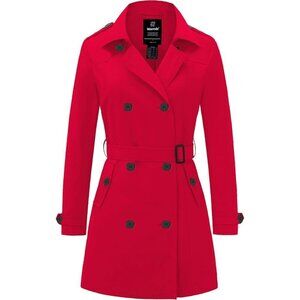 🆕Women's Red Waterproof Trench Coat Classic Lapel Outerwear Coat with Belt